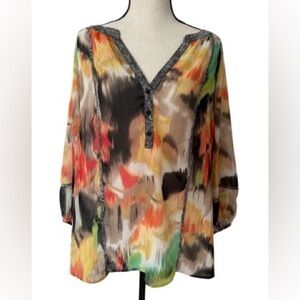 Calvin Klein 1X Blouse Boho Abstract Print Multicolor Flowy Light Tunic Top